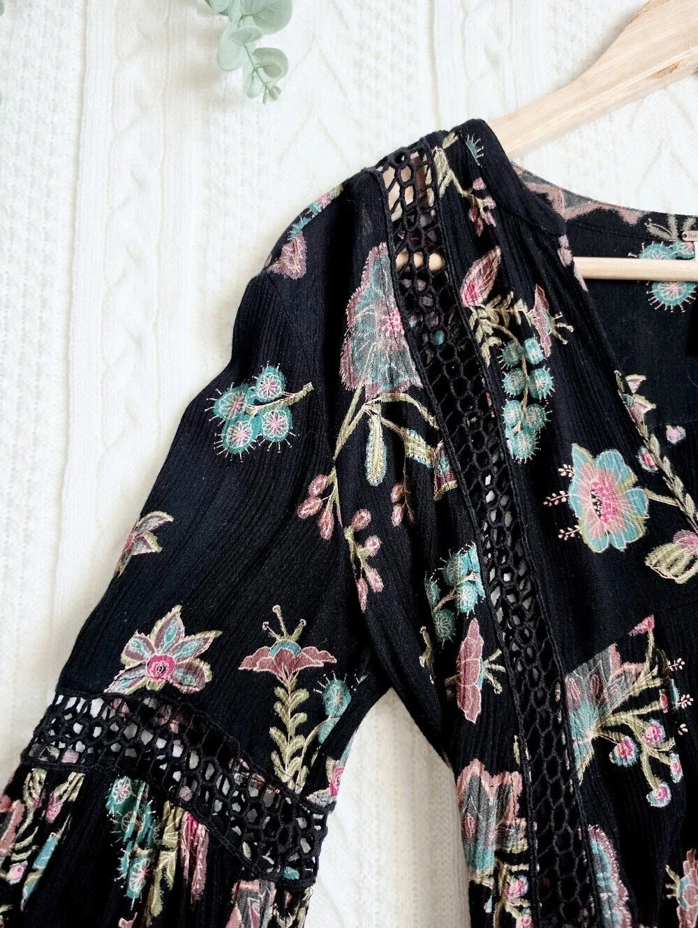 Free People Just The Two Of Us Top Tunic Dress Black Floral Botanical Women XS